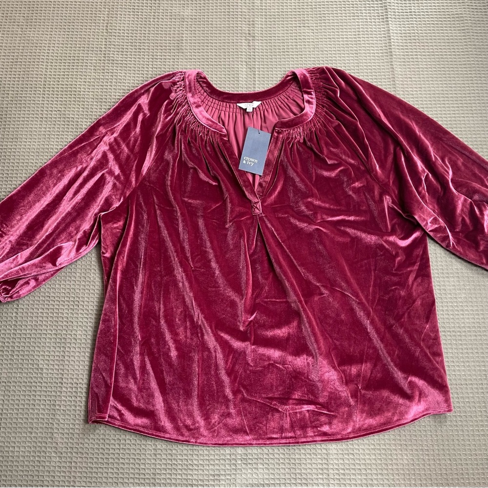Crown & Ivy Velour Velvet Peasant Blouse 3X Womens NWT Red Maple Stretch‎
